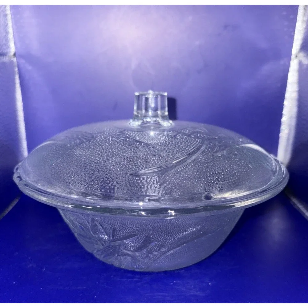 Vintage Frosted Iris Clear Glass Lidded Candy Dish - Attributed KIG Indonesia